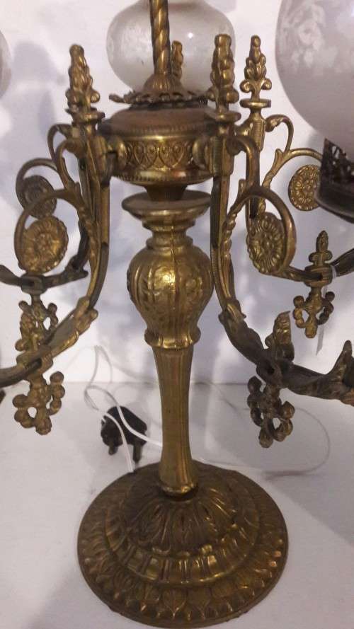 Five Light Brass Table Lamp Base, and Frosted Glass Etched Shades