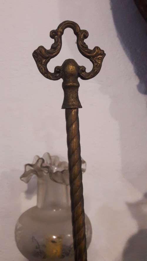 Five Light Brass Table Lamp Base, and Frosted Glass Etched Shades