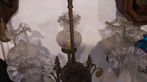 Five Light Brass Table Lamp Base, and Frosted Glass Etched Shades