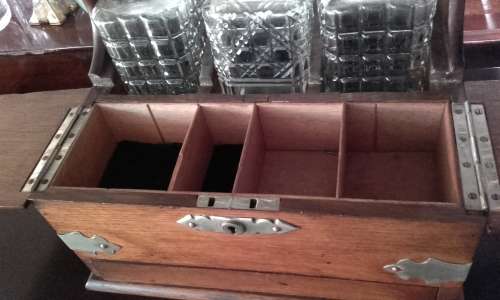 Oak Brass hinged with Decanters Cigar box and hidden drawer, Tantalus Cabinet