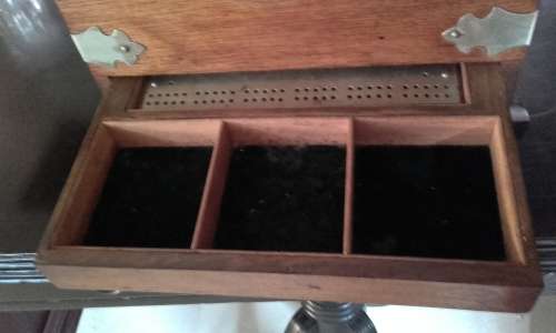 Oak Brass hinged with Decanters Cigar box and hidden drawer, Tantalus Cabinet