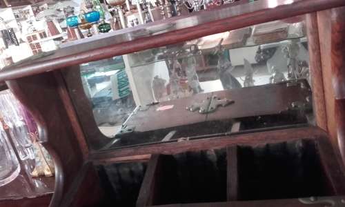 Oak Brass hinged with Decanters Cigar box and hidden drawer, Tantalus Cabinet