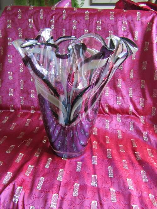 Lovely Handmade Tissue styled Aubergine Colored Art glass Vase