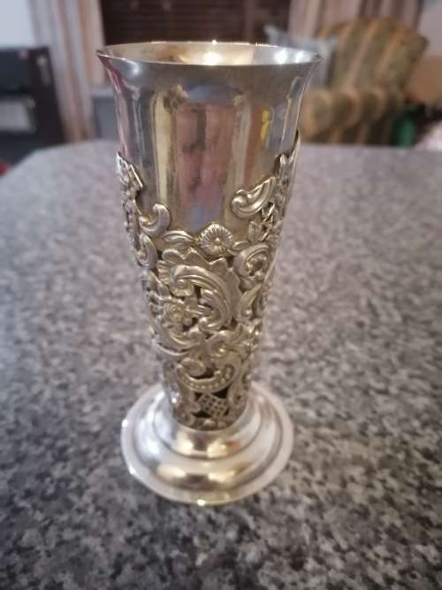 A Heavy Beautifull Repousse and Cut away Silver Vase with Glass Liner