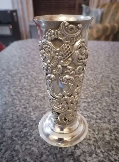 A Heavy Beautifull Repousse and Cut away Silver Vase with Glass Liner