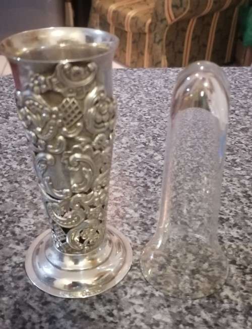 A Heavy Beautifull Repousse and Cut away Silver Vase with Glass Liner