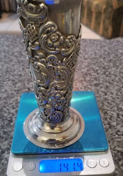 A Heavy Beautifull Repousse and Cut away Silver Vase with Glass Liner