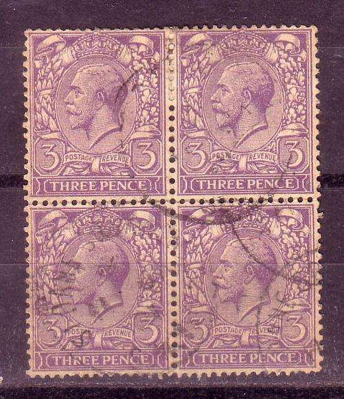 G Britain, 3d King George block of 4 stamps, used