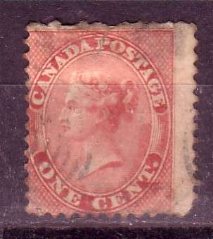 Canada, 1c Queen Victoria stamp (red), used, pulled perfs on top