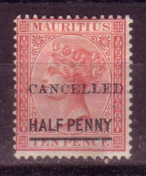 Mauritius, 10c Queen Victoria stamp with Cancelled 1/2d overprint, MH