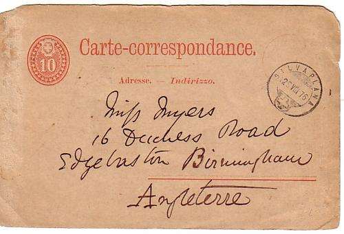 Swiss post card used in 1876, sent to England, embossed stamp, some damage