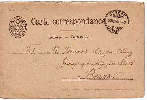 Swiss post card used in 1878, sent to Bern, embossed stamp