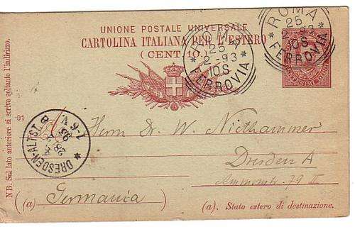 UPU post card of Italy sent to Germany in 1893 with printed stamp