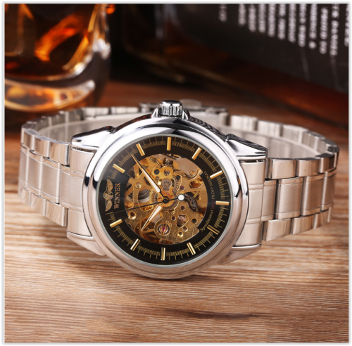 Winner Luxury Mechanical Automatic Skeleton Watch Gold Dial Stainless Steel Band Wristwatch Male