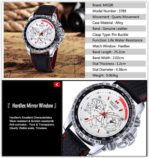 MEGIR 3789 Male Quartz Watch Genuine Leather Strap -  BLACK / WHITE CRAZY R269