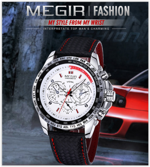 MEGIR 3789 Male Quartz Watch Genuine Leather Strap -  BLACK / WHITE CRAZY R269
