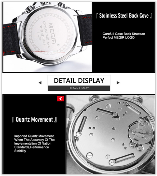 MEGIR 3789 Male Quartz Watch Genuine Leather Strap -  BLACK / WHITE CRAZY R269