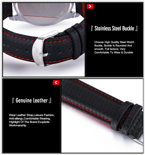 MEGIR 3789 Male Quartz Watch Genuine Leather Strap -  BLACK / WHITE CRAZY R269