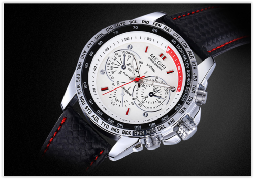 MEGIR 3789 Male Quartz Watch Genuine Leather Strap -  BLACK / WHITE CRAZY R269