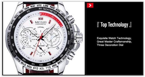 MEGIR 3789 Male Quartz Watch Genuine Leather Strap -  BLACK / WHITE CRAZY R269