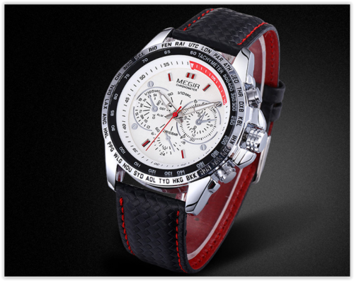 MEGIR 3789 Male Quartz Watch Genuine Leather Strap -  BLACK / WHITE CRAZY R269