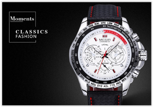 MEGIR 3789 Male Quartz Watch Genuine Leather Strap -  BLACK / WHITE CRAZY R269