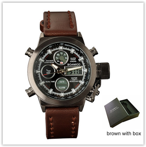Men Watches BOAMIGO 30M Waterproof Scratchproof Brown Leather Digital Analog with Box CRAZY R300