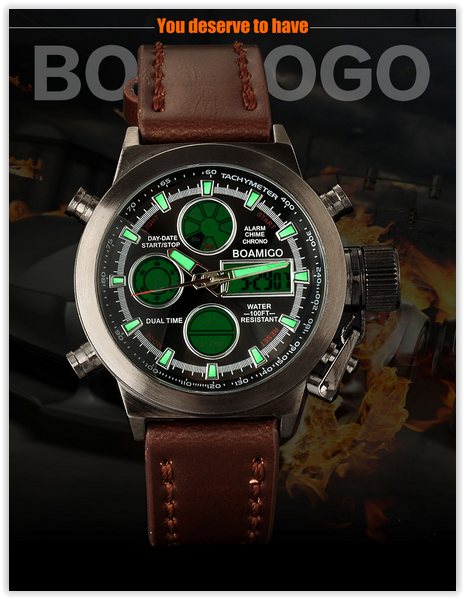 Men Watches BOAMIGO 30M Waterproof Scratchproof Brown Leather Digital Analog with Box CRAZY R300