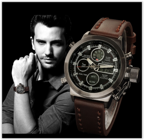 Men Watches BOAMIGO 30M Waterproof Scratchproof Brown Leather Digital Analog with Box CRAZY R300