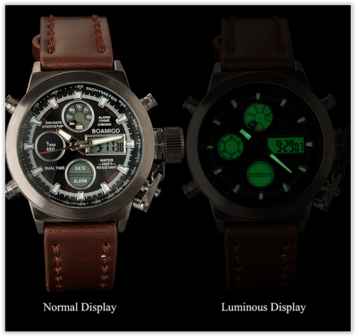 Men Watches BOAMIGO 30M Waterproof Scratchproof Brown Leather Digital Analog with Box CRAZY R300