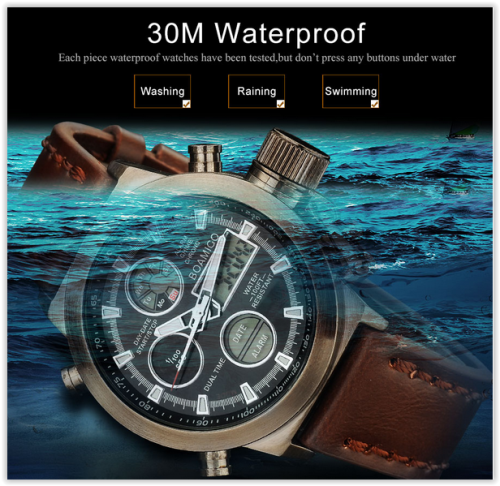 Men Watches BOAMIGO 30M Waterproof Scratchproof Brown Leather Digital Analog with Box CRAZY R300