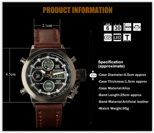 Men Watches BOAMIGO 30M Waterproof Scratchproof Brown Leather Digital Analog with Box CRAZY R300