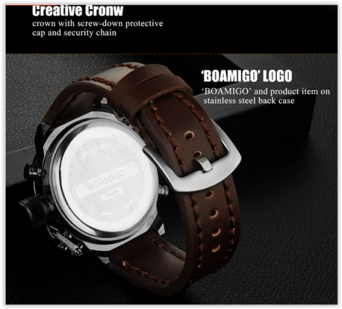 Men Watches BOAMIGO 30M Waterproof Scratchproof Brown Leather Digital Analog with Box CRAZY R300