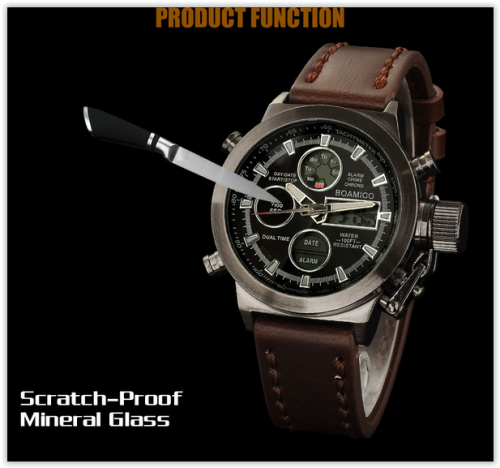 Men Watches BOAMIGO 30M Waterproof Scratchproof Brown Leather Digital Analog with Box CRAZY R300