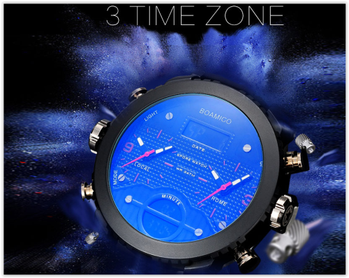 Men Watches BOAMIGO 3 Times Zone Military Sports Dual Display CRAZY R300