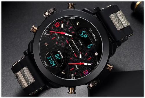 Men Watches BOAMIGO 3 Times Zone Military Sports Dual Display CRAZY R300