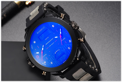 Men Watches BOAMIGO 3 Times Zone Military Sports Dual Display CRAZY R300