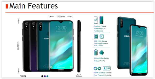 DOOGEE Y8 Smartphone 3GBRAM 16GBROM Android 9.0 6.1inch 19:9 Waterdrop LTPS Screen 3400mAh