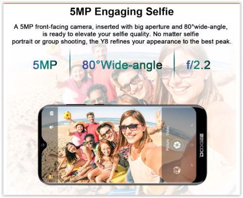 DOOGEE Y8 Smartphone 3GBRAM 16GBROM Android 9.0 6.1inch 19:9 Waterdrop LTPS Screen 3400mAh