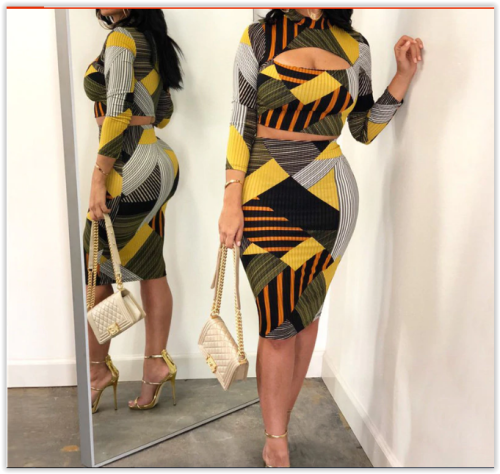 Women 2 pieces set dress Geometric Stripe Print Hollow Out Long Sleeve MAD R300