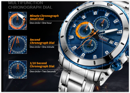 MEGIR Chronograph Quartz Men Watch Luxury Brand Stainless Steel Business Wrist Watches Men  MAD R450