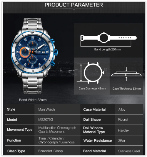 MEGIR Chronograph Quartz Men Watch Luxury Brand Stainless Steel Business Wrist Watches Men  MAD R450