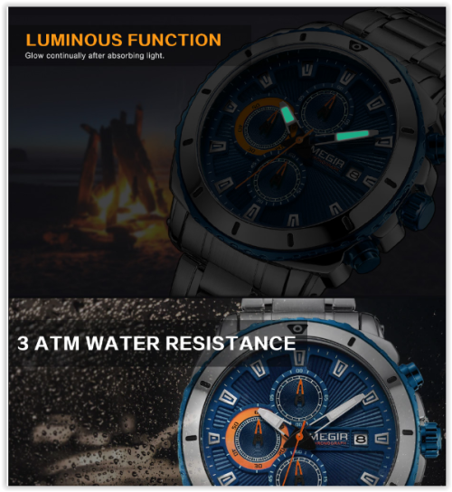 MEGIR Chronograph Quartz Men Watch Luxury Brand Stainless Steel Business Wrist Watches Men  MAD R450