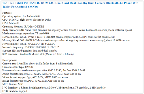Tablet PC 10.1 Inch RAM 4G ROM 64G Dual Card Dual Standby Dual Camera Bluetooth 4.0 Phone Wifi 6.0