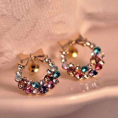 Fashion Colorful Crystal Rhinestone Gold Bowknot Ear Stud Earring