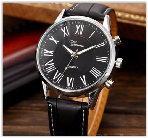 2014 Fashion Roman Dial Mens Elegant Leather Black Analog Quartz Sport Wrist Watch