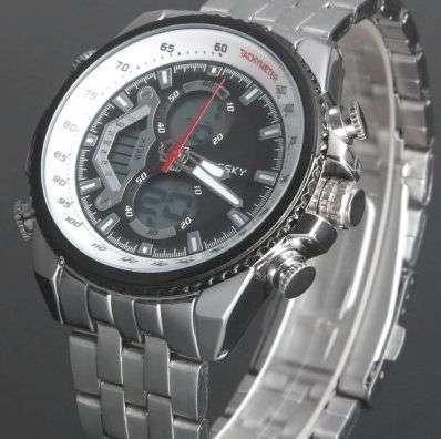 Army LED Dual - movt Wristwatch Alarm Week Date Stopwatch Military Watch-WHITE-BLACK