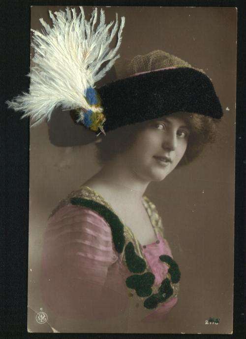 Unknown Postcard - feathered hat and felt enhancements. Circa 1910.  As scan.