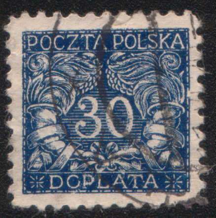 Poland - 1919 - Postage Due -30h blue. Used.  As description images.