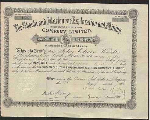 Share Certificate - The Sashi and Macloutsie Exploration and Mining Co. Ltd. As Description.
